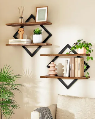 Produktbild von Wandregal, Schweberegal, 2-stöckige Hängeregale, Küchenregal, Rustikale Wandregale aus Holz und Metall, für Wohnzimmer, Schlafzimmer, Küche, Büro