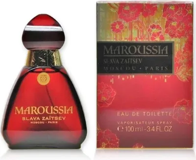 A bottle of Maroussia Eau de Toilette by Slava Zaitsev and its packaging are displayed against a white background.