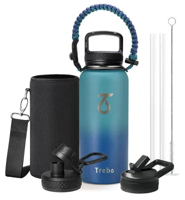 Immagine prodotto di Borraccia in acciaio inossidabile isolata, capacità 946 ml, colore blu ciano, con manico in paracord e 3 tappi
