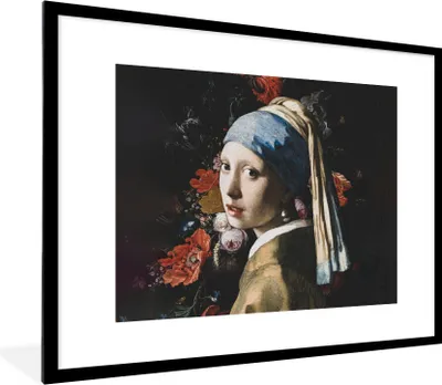 Produktbild von MuchoWow® Gerahmtes Poster Das Mädchen mit dem Perlenohrring - Vermeer - Blumen 80x60 cm - Poster mit Schwarzem Bilderrahmen Wandposter Rahmen Foto Bilder - Schlafzimmer-Dekorationen - Fotoposter