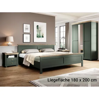 Produktbild von Schlafzimmer Komplett Set im Landhausstil EPSOM-83 Doppelbett Liegefläche 180 x 200 cm, in grün mit Lefkas Eiche Nb.