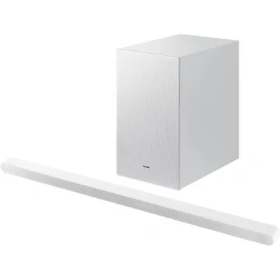 A white soundbar and a white subwoofer are displayed against a white background.