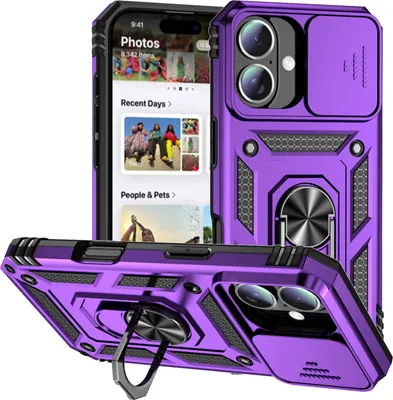 Obrázek produktu pro Pouzdro pro iPhone 16 dvouvrstvé pouzdro s posuvným krytem kamery a prstencovým stojánkem Fialová