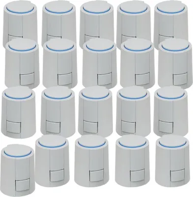 A grid of white thermostatic radiator valves with blue accents.
