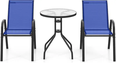 Obrázok produktu pre KOMFOTTEU 3 KS. Bistro set, sada záhradného nábytku vrátane záhradného stola s otvorom na slnečník a 2 skladacích stoličiek, balkónový set záhradný set na balkón (modrý)