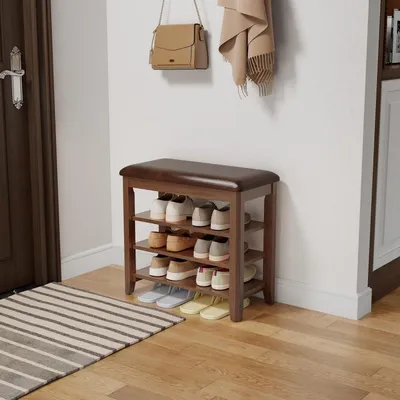 Immagine prodotto di Panca porta-scarpe con cuscino, 2 ripiani, 60 cm, legno noce, cuscino per seduta in pelle