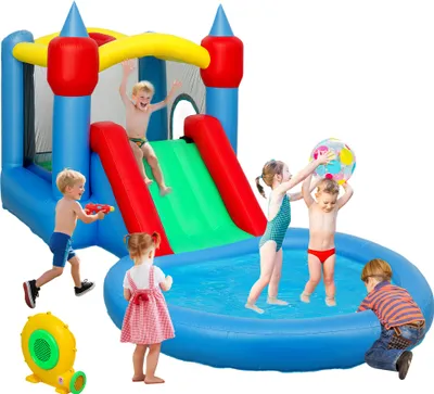 Image de AIYAPLAY Château gonflable avec soufflerie 4 en 1 structure gonflable, toboggans, trampoline, panier de basket, piscine à balles, pour extérieur et intérieur, jusqu'à 3 enfants 3-8 ans