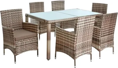 Produktbild von ESTEXO, Gartenmöbel Set, Polyrattan, für 6 Personen, Beige-Braun, mit Stühlen & Tisch, hoher Rückenlehne, schwungvollen Armlehnen, bequemen abnehmbaren Auflagen, pflegeleichter Sicherheitsglasplatte aus satiniertem Milchglas, für Wintergarten & Outdoor