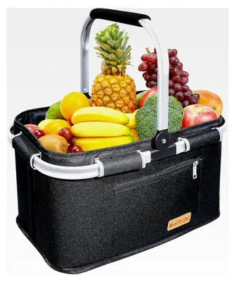 Produktbild von 35L Einkaufskorb Großer Picknickkorb mit gepolsterten Griffen Faltbarer Korb Einkaufstasche mit Aluminiumrahmen für Reisen/Picknick/Einkaufen