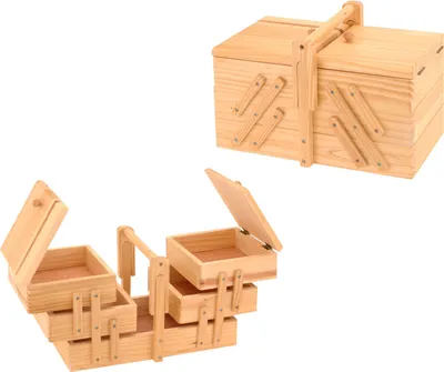 Two views of a wooden sewing box, one closed and one open.