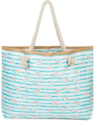 Imagen del producto de Bolsa de playa grande estilo "XXL" con estampado de sandías y rayas | Bolso de mano para mujer con asas de cordón y cierre de cremallera | Bolsa de playa con motivos de frutas | 59 x 38 x 15 cm