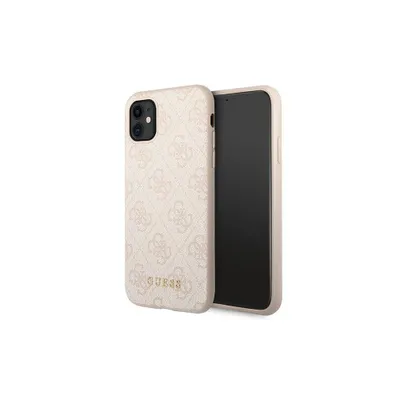 A pink iPhone 11 case with a repeating Guess logo pattern and a gold Guess logo is shown against a white background.