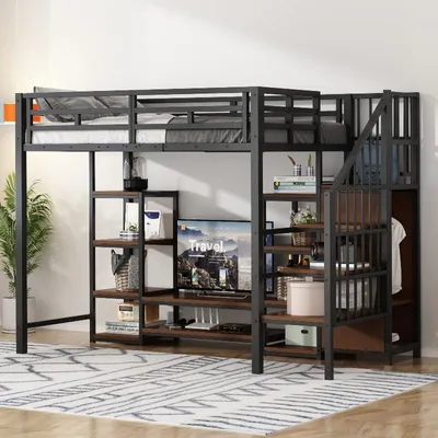 Imagen del producto de Cama alta de 90x200 cm de metal y MDF, con soporte para televisión, enchufe y escalera de almacenamiento. Estructura de cama compacta en color , ideal para dormitorios