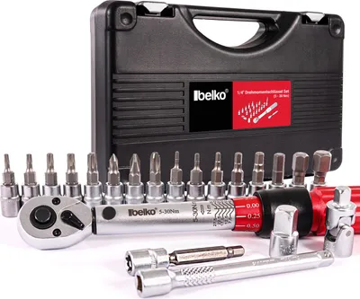 Produktbild von Belko Drehmomentschlüssel 1/4 Zoll, 5-30 Nm, ± 3% Fehlergenauigkeit, ideal für Fahrrad & Motorrad, inkl. 3/8" Adapter, Innensechskant, Torx, Kreuzschlitz Bits, Verlängerung uvm., 22 tlg. SET