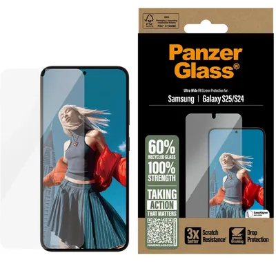 Obrázek produktu pro PanzerGlass ® Screen Protector Samsung Galaxy S25 | S24 | Ultra-Wide Fit, Samsung, Samsung - Galaxy S25, Samsung - Galaxy S24 5G, Aplikace nasucho, Odolné proti poškrábání, Odolný proti nárazům, Průhledná, 1 kusů