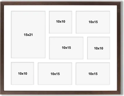 Produktbild von aFFa frames Tisar, Bilderrahmen aus Holz, Acrylglasfront, Mehrfach Bilderrahmen, Bildergalerie, Fotogalerie mit Passepartout, 8 Foto-Ausschnitten für 1 Foto 15x21 cm 4 Fotos 10x15 cm und 3 Fotos 10x10 Bronze, 40x50 cm
