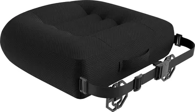 A black booster seat cushion with straps attached.