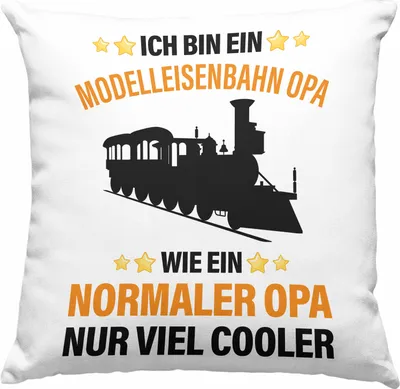 Produktbild von Trendation - Modeleisenbahn Opa Geschenk Deko-Kissen mit Füllung 40x40 Spruch Geschenk Geschenkidee Opa Rentner Dampflokomotive Eisenbahn (Grau)