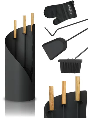 Produktbild von holz4home® Kaminbesteck 5-tlg. Set Grauschwarz mit Holzgriff inkl. Ofenhandschuh I Kaminset Kamingarnitur Ofenbesteck Schürhaken Besen Ascheschaufel