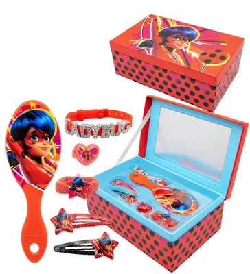 Produktbild von Miraculous Schmuckschatulle mit Accessoires: 2 Haarspangen, 1 Ring, 1 Zöpfchenha