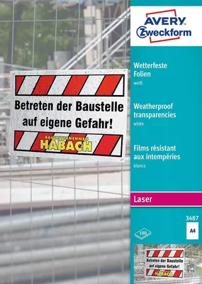 A sign with German text about entering a construction site at your own risk, with the Avery Zweckform logo and product information on the right.