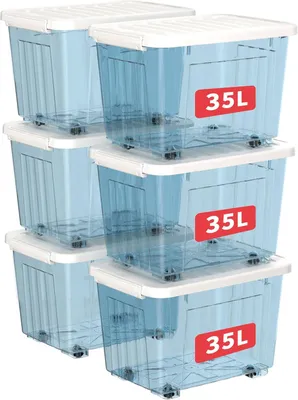 Produktbild von Aufbewahrungsboxen 35 l, 6er Set, mit Rollen, für Haushalt, Kunststoff, transparent, stapelbar