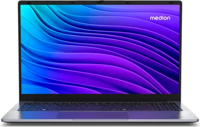 A laptop is shown from the front, open, with its screen displaying a colorful abstract wallpaper.