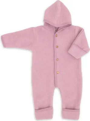 A pink baby overall with a hood and wooden buttons, laid flat against a white background.