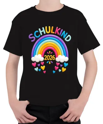 Immagine prodotto di Maglietta per bambini, colore nero, taglia 140, con motivo "Bambino che inizia la scuola nel 2026", "Arcobaleno", "Primo giorno di scuola", "Zaino scolastico"