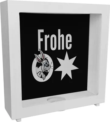 Produktbild von Osterhase Rahmen Spardose aus Holz mit Spruch: Frohe Ostern