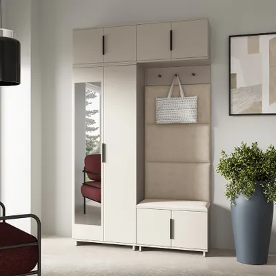 Produktbild von Garderoben-Set Napoli Version 1: Kleiderschrank mit Polsterpaneelen, Schuhschrank und Schrankaufsatz Flur und Eingangsbereich  (Cashmere/Trinity 02)