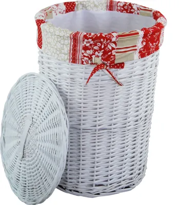 Zdjęcie produktu dla Kosz na bieliznę, pojemnik na bieliznę, skrzynia na bieliznę, wiklina, biała, poszewka w stylu rustykalnym, kwiaty, czerwony, pokrywa, średnica 46 cm, wysokość 62 cm