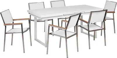 Produktbild von BELIANI Gartenmöbel-Set, weiß Aluminium, Edelstahl, Ausziehbarer Esstisch, 6 Sitzer, Outdoor-Möbel, modern