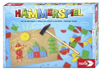 Produktbild von noris Hammerspiel Geschicklichkeitsspiel, Holz‑Klopfspiel mit Korkplatte, Holzteilen & Hammer, Fördert Feinmotorik & Kreativität, Für Kinder ab 4 Jahren, Familienspiel