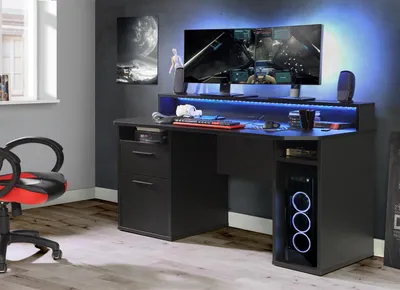 Produktbild von Schreibtisch Gamingdesk Zockertisch Bürotisch Computertisch Tisch "Tamas III" Schwarz matt / inkl. Beleuchtung