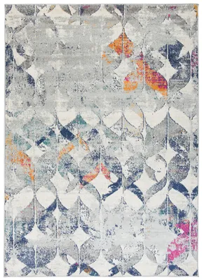 A top-down view of a rectangular rug with an abstract pattern.