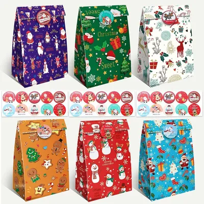 Produktbild von 30 Stück Papiertüten Geschenktüten Süßigkeitentüten Kraftpapier mit 2 Weihnachtsmotiven und 30 Aufklebern