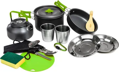 Produktbild von Camping Kochgeschirr für Outdoor Kochausrüstung multifunktional 10-teilig für 2 Personen Grün