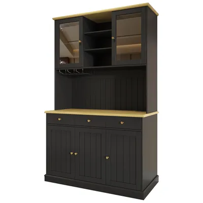 Produktbild von Flieks Küche Hochschränke mit Usb, Küchenschrank Buffetschrank mit Glastüren und Gläserhalter, Küchenbuffet 120x40x191cm, Schwarz