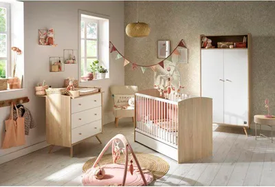 Image de Chambre Bébé Trio Access Sauthon, Lit 120 x 60 cm, Commode 3 Tiroirs, Armoire 2 Portes, Bois/Blanc