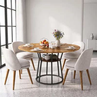 Image de Table ronde INONEFT pour salle à manger, avec espace de rangement, pieds en métal, diamètre 120 cm, idéale pour le salon, la cuisine ou la salle à manger, pour 4 à 6 personnes, couleur marron