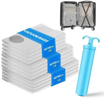 Immagine prodotto di Set di sacchi a compressione da viaggio, 2 misure (5 x 60 x 40 cm, 5 x 50 x 35 cm), per vestiti, coperte, asciugamani, arrotolabili, senza aspirapolvere