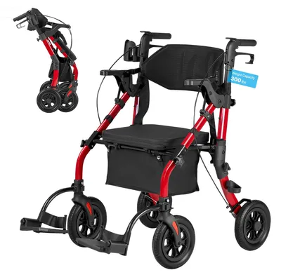 Produktbild von Rollator mit Sitz - Faltbarer Leichtgewicht-Gehwagen 2-in-1 - Höhenverstellbar - Rückenlehne & Tasche - Feststellbremse - Belastbar 136 kg - Gehstockhalter - Für Senioren - Rot