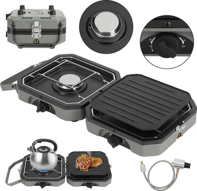 Obrázok produktu pre Clanmacy Set Duo Skladací plynový varič 2 horáky 4,6kw Camping Cooker Camping Kitchen 2 Multi Cook plynový varič Plynový gril + plynová hadica