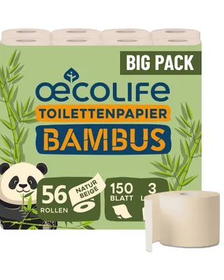 Produktbild von œcolife Toilettenpapier BAMBUS, 56 Rollen à 150 Blatt, 3-lagig, superweich, von Dermatest