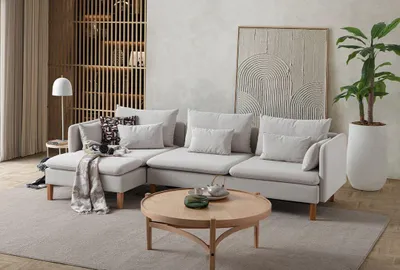 Produktbild von Hanah Home, Hochwertiges Ecksofa in Creme, 285 x 150 x 100 cm | 70% HORNBEAM, 30% melaminbeschichtete Spanplatte | 100% Polyester, 8 Kissen, pflegeleicht, modular, 240 kg Tragfähigkeit.