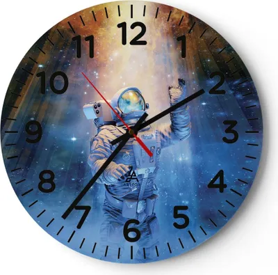 Produktbild von Wanduhr - Rund - Glasuhr - Astronaut Licht Kosmos - 30x30cm - Schleichendes Uhrwerk - Lautlos - zum Aufhängen bereit - Dekoration Modern - Wanddekoration aus Glas - C4AR30x30-4672