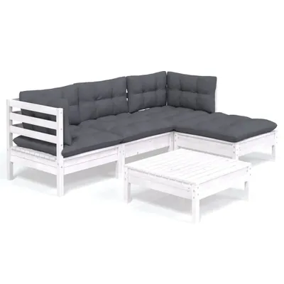 Produktbild von 5-tlg. Garten-Lounge-Set mit Kissen Weiß Kiefernholz