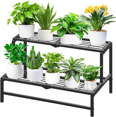 Image de Étagère à plantes, 81 x 50 x 40 cm, 2 niveaux, en métal, noire, pour intérieur