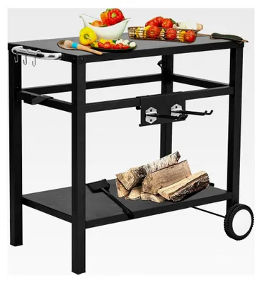 Produktbild von Esswagen, Outdoor-Grillwagen mit doppelter Ablage, 4 Haken, Seitengriff, Rädern, Kochtisch für draußen, Küche oder Hinterhof, Terrasse, beweglicher Grillwagen, multifunktional